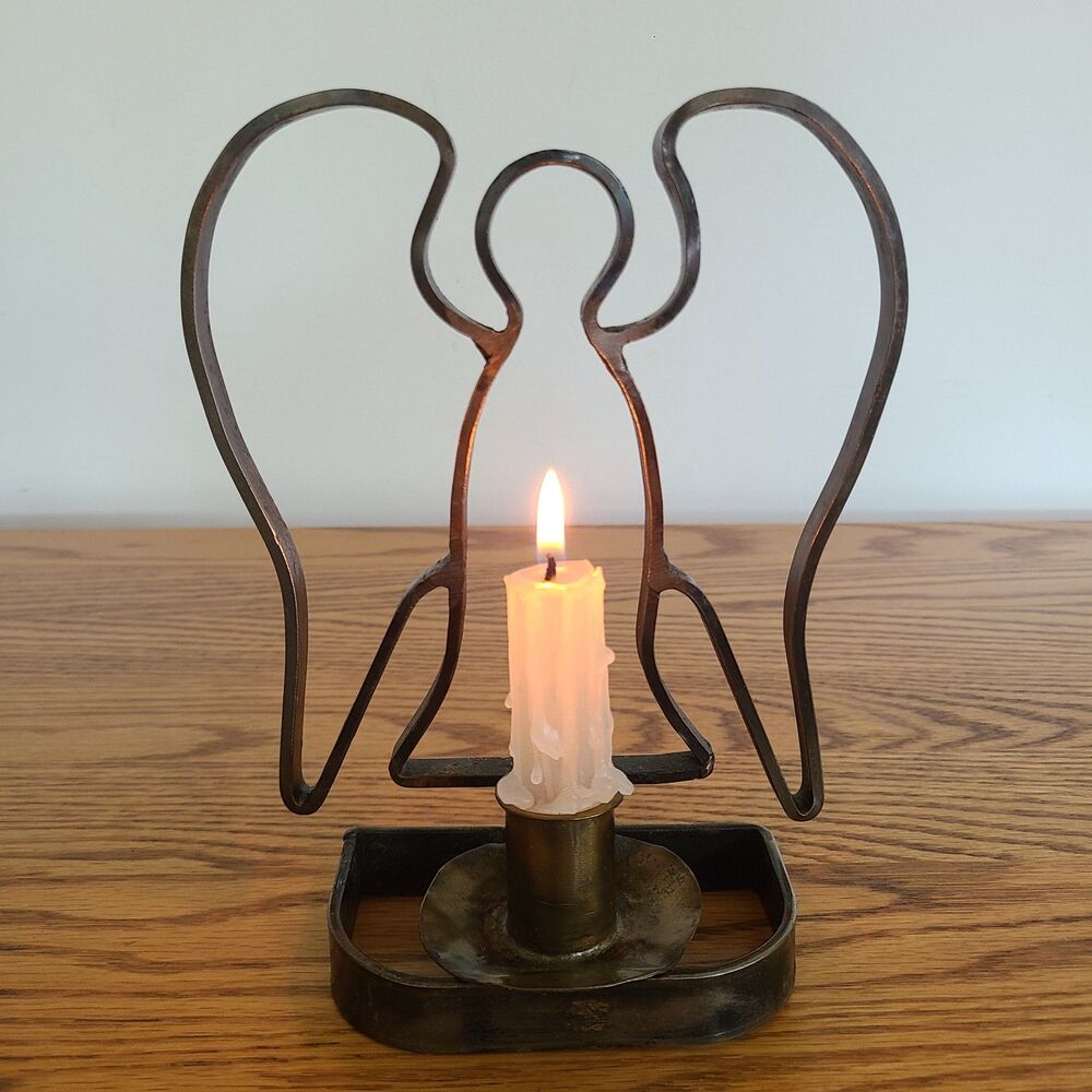 Vintage Minimalist Metal Wrought Iron Angel Pillar Candle Holder Holiday XMas